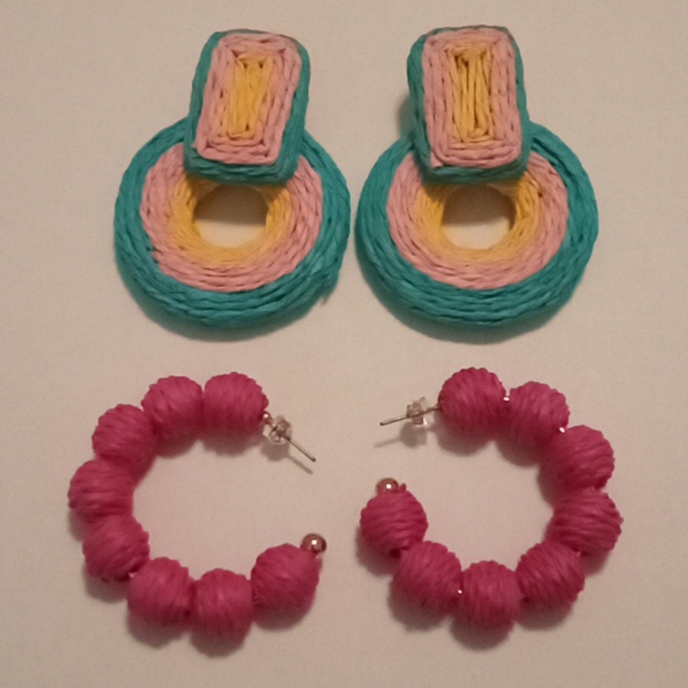 #1034. 2 Piece Multi Colored & Fushia Pink Raffia Earring Bundle.